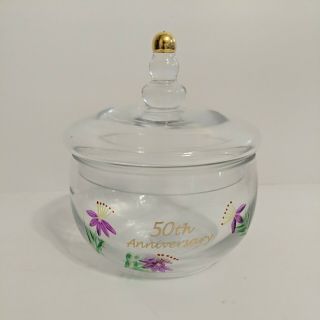 Vintage Hand Painted Glass Candy Dish With Lid.  " 50th Anniversary " Fenton