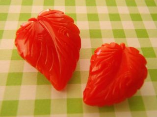2 Vintage Coral Glass Leaf Buttons Carved 25 & 20mm Sew Craft Knit Jewelry