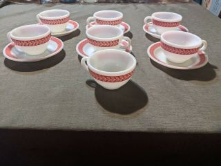 Vintage Pyrex Tableware 7 Cups And 6 Saucers Red And White Milk Glass