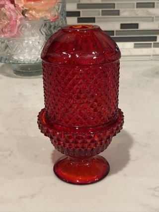 Vintage Viking Fairy Lamp Ruby Red Amberina Diamond Point Glass Candle Holder