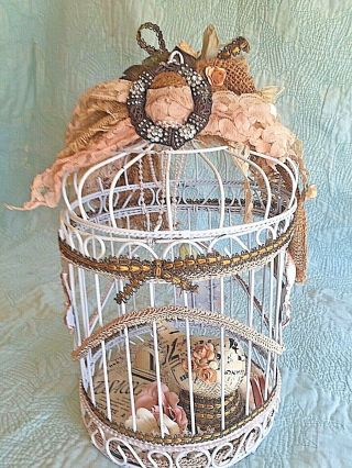 Vintage Style Shabby Chic Handmade Birdcage 15” Tall Seashell & Bird Design
