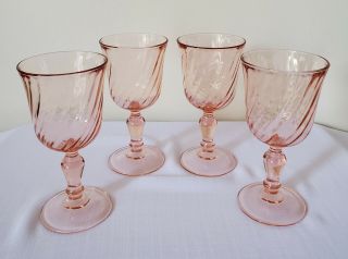 Set Of 4 Pink Depression Glasses Swirl France Wine Water Goblets