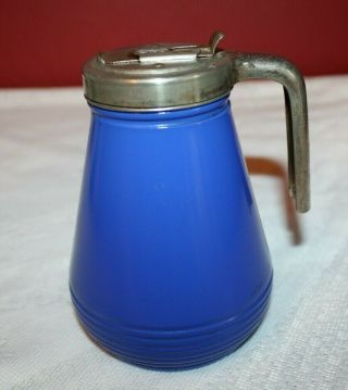 Vintage Hazel Atlas Cobalt Blue Ribbed Syrup Pitcher W/ Metal Lid - - 1940 
