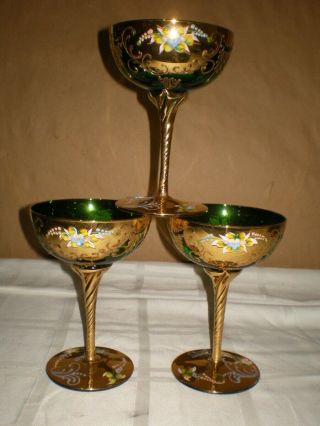 Rare Vtg Set Of 3 Bohemian Green Gold Hand Painted Wine Cordial Whiskey Glass
