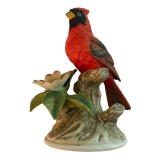 Vintage Andrea By Sadek Porcelain Red Cardinal Magnolia Flower Figurine 8627
