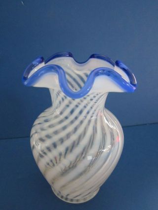 Fenton Glass Blue Ridge Opalescent Spiral Optic Vase.  Ruffle Top.  6 " Tall.