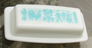 Vintage Pyrex Butterprint Amish Rooster Turquoise Blue Covered Butter Dish