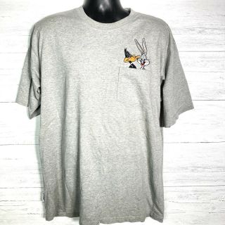 Vintage 90s Looney Tunes Gray Pocket T Shirt Embroidered Bugs Daffy Men’s Xl