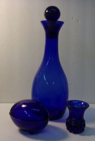 Vintage Cobalt Blue Art Glass Bottle W/stopper & 2 Piece Blue Egg & Toothpick