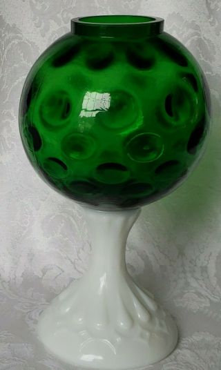 Vintage 1940s Fenton Ivy Ball Vase Green Glass Coin Dot Milk Glass Base