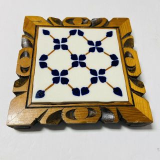 Mexican Tile Trivet Dal Tile Hand Carved Footed Wooden Frame Hot Pad Vintage