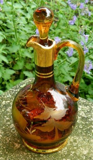Czech Bohemian Engraved Deer Art Glass Cruet Decanter Gold Gilding Amber