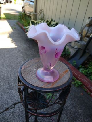 Fenton Pink Carnival Glass Opalescent Hand Painted Tulip Vase