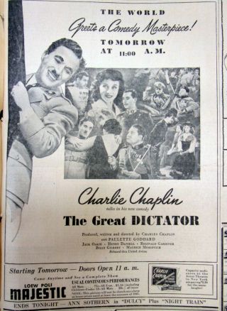 1940 Newspaper W Illust Ad For Charlie Chaplin Movie Premiere The Great Dictator
