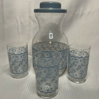 Vintage Libbey Cornflower Blue And White Flowers Juice Carafe With Lid 3 Glasses