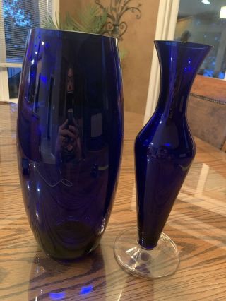 Vintage Cobalt Blue Glass Vases 12 In Tall Set Of Two 2 Poland Hortensja Murano