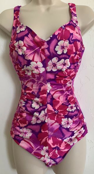 Vtg Floral Hawaiian Pink One Piece Swimsuit Slimming Maxine Of Hollywood Sz 12