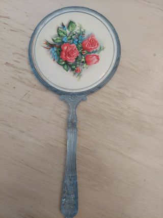 Vintage Handheld Blue Vanity Mirror Plastic With Pretty Flower Design