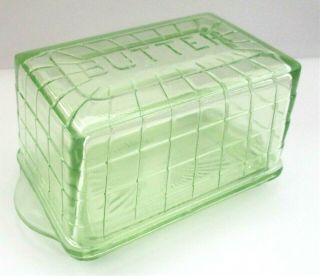 Vintage Green Vaseline Glass Covered Butter Dish,  Block Design