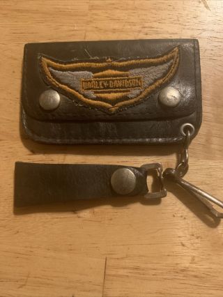 Vintage Harley - Davidson Motor Cycles Leather Card Holder Keychain For Belt