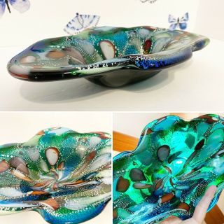 Gorgeous Vintage Murano Glass Bowl Dish Multi - Color Silver Flakes Swirl Blue