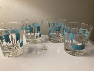 Vintage Blue Heaven Atomic Rocks Juice Glasses Set Of 4 Pristine