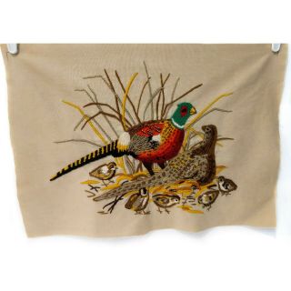 Vintage Finished Needlepoint Pheasant Bird Family On Linen 24 " X 17 "