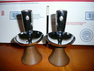 Vintage Set Of 2 Mid Century Modern Wood And Chrome Atomic Candle Holders,  Minty
