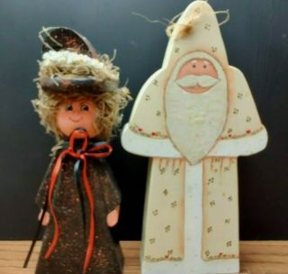 Vintage Hand Painted Wooden Santa Claus And Halloween Witch