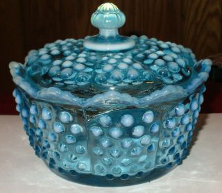 Fenton Hobnail Blue Opalescent 3802 Candy Dish,  Dish Signed