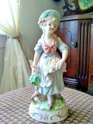 Lenwile Ardalt Girl Figurine Hand Painted 7 1/2 " Flowers Blue Hat 7772 Vintage
