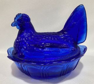 Fenton Cobalt Blue Glass Hen On A Nest Trinket Candy Dish