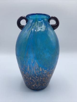 Stunning Dale Tiffany Aqua Blue Favrile Art Glass Copper Infused Handled Vase 8”