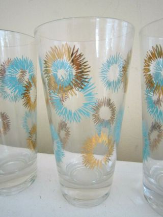 Set Of 6 Mid Century Starburst Turquoise Blue Gold Glasses 5.  75 "