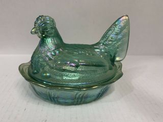 Vintage Fenton Iridescent Green Glass Hen On Nest - Candy Dish Chicken