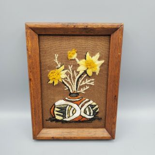 Finished Framed Crewel Embroidery Southwestern Pottery With Floral Vintage Boho