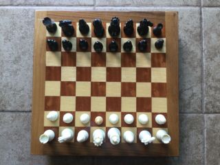 Vintage Wooden Chess Set And Storage With Board Box Made In Italy