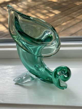 Murano Green Glass Jack In Pulpit Cornucopia Vase Sommerso Footed Vase Vintage