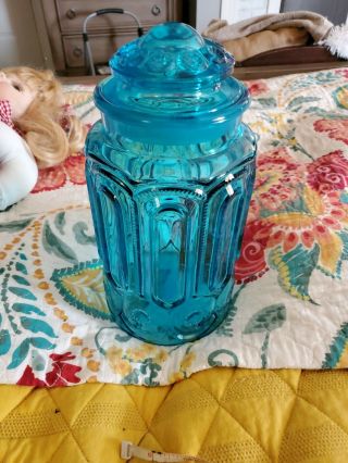 Vintage L E Smith Blue Moon & Stars Large Canister Apothecary Jar 9.  5 "