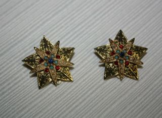 Vintage Signed Art Gold Tone Seed Pearl Turquoise Beads Star Shape Clip Earrings