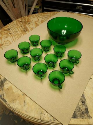 Anchor Hocking 14 Pc Forest Green Punch Bowl Set,  Cups & Bowl In Orig.  Box