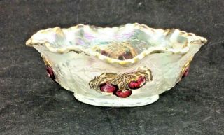 Incredible Dugan White & Hand Painted Wreathed Cherry Carnival Glass Small Bowl