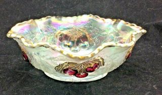 Incredible Dugan White & Hand Painted Wreathed Cherry Carnival Glass Small Bowl 2