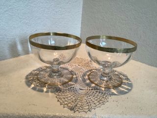 Two Vtg Tiffin Optic Glass Compote Dishes Pedestal Bowl Gold Scroll Rim Elegant