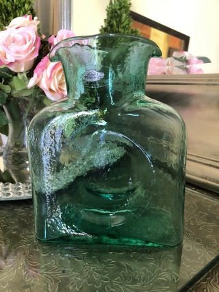 Blenko Emerald Green Art Glass 8” Water Carafe Bottle Double Spout Etched 2001