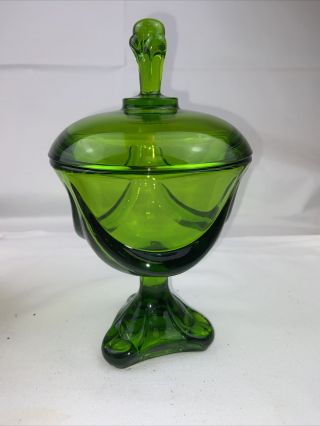 Viking Glass Epic Drape Swag Three Foil (toed) Covered Candy Dish Green Pedestal