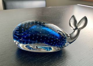 Vintage Murano Art Glass Controlled Bubble Paperweight - Blue Whale Beach Theme