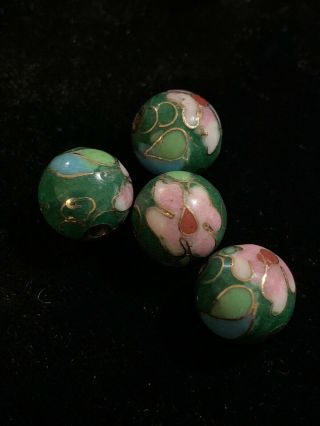 4 Vintage Green W Pink Flowers Leaves Cloisonne Chinese Enamel Round Beads 10mm