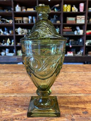 Vintage Avocado Green Glass Lidded Candy Dish By Heisey Glass Co.
