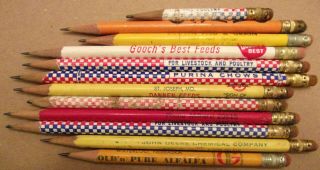 (12) Vintage Wood Pencil - Purina,  John Deeres,  Kansas,  Mo,  Okl,  Nebr,